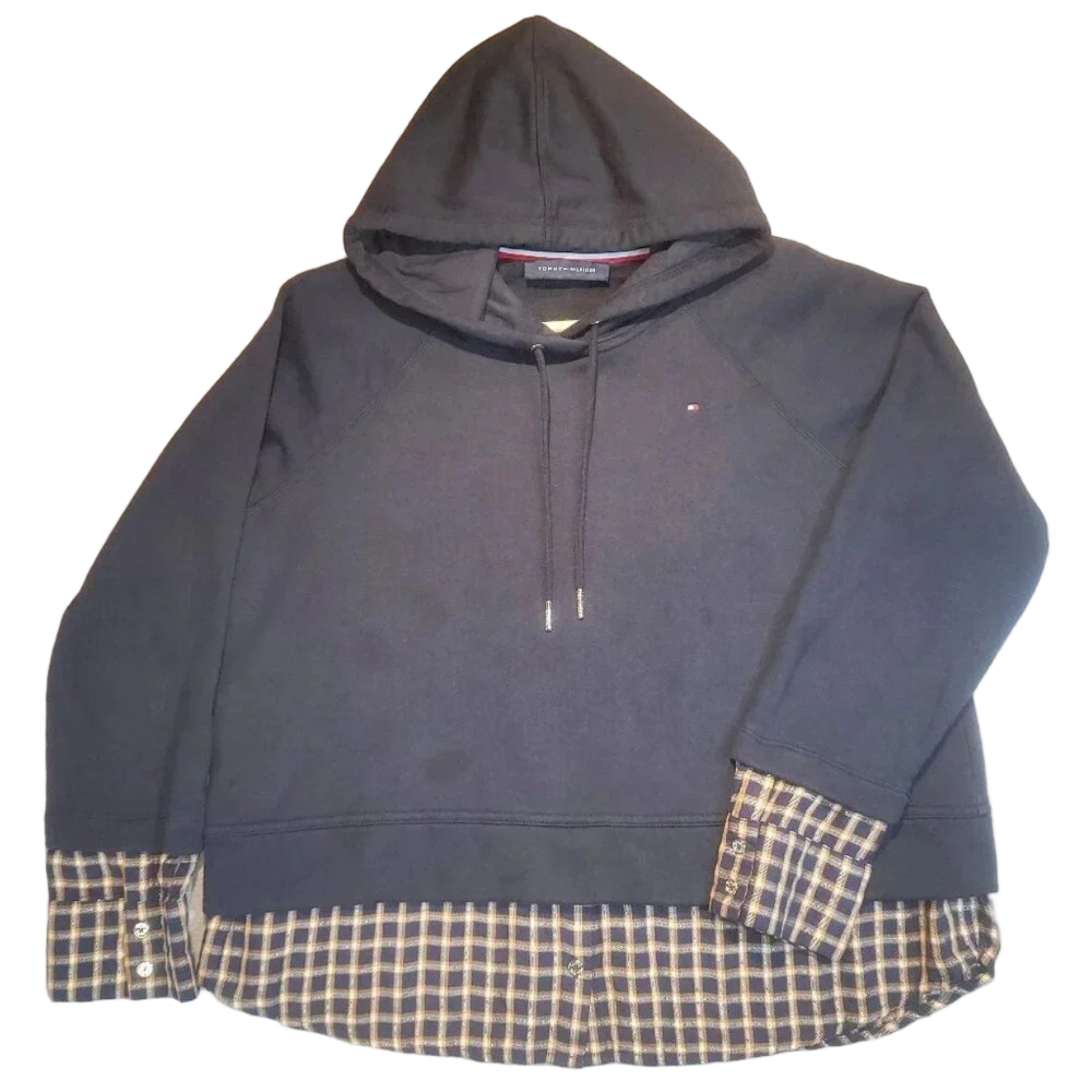 Tommy Hilfiger Women's L Sleeve Navy/Plaid Layered Look Sweatshirt Hoodie  SIZE?